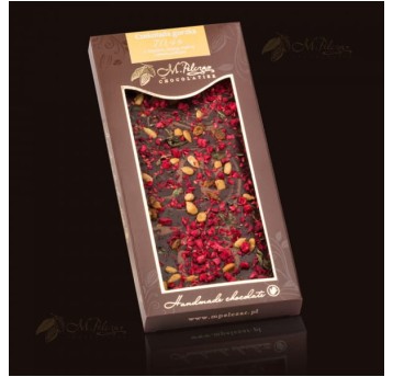 Czekolada gorzka 70,4% z miodem, malinami, słonecz