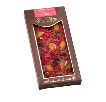 Czekolada mleczna 33,6% z malin. rodzyn. migd.